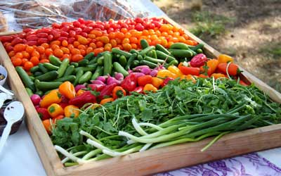 Markt mit Holztablett mit Tomaten, Gurken, Paprika, Rucola und Lauchzwiebeln